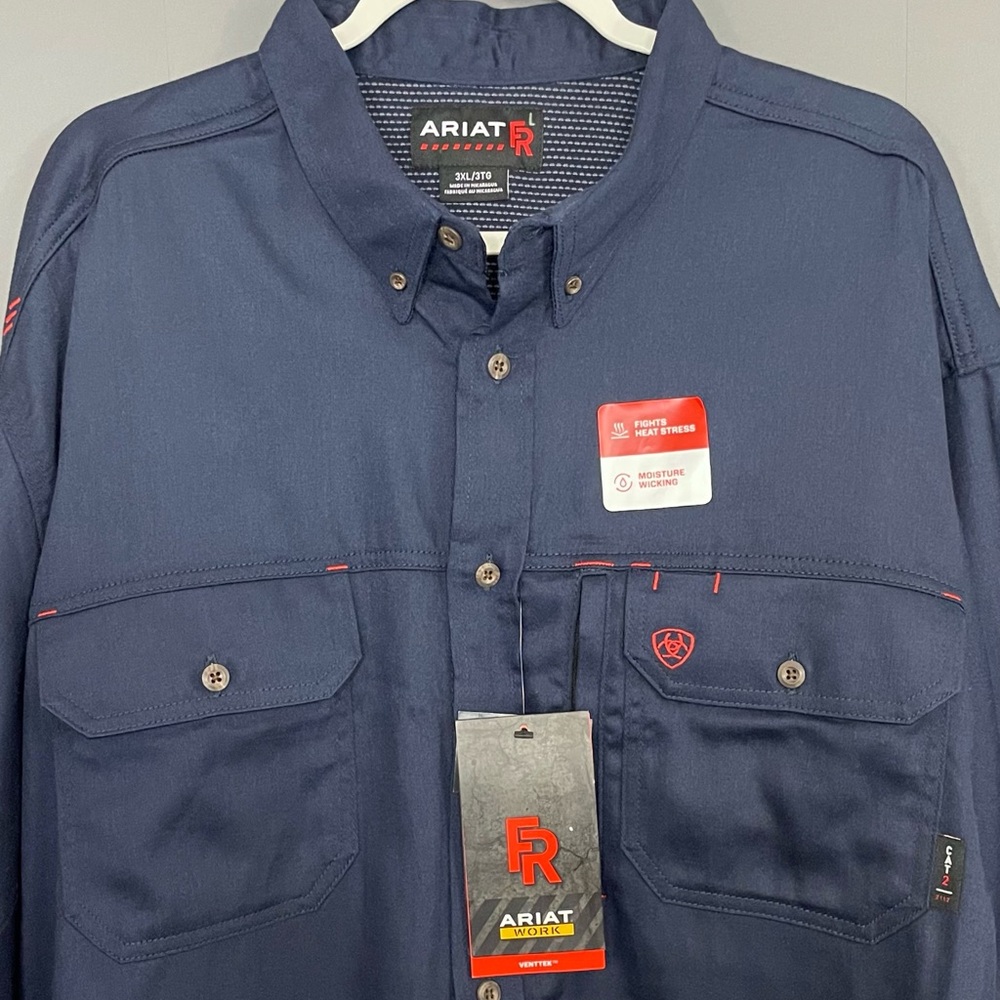 Ariat FR‎ Solid Vent Work Shirt Long Sleeve Navy Blue Cat 2 NWT - Picture 3 of 14